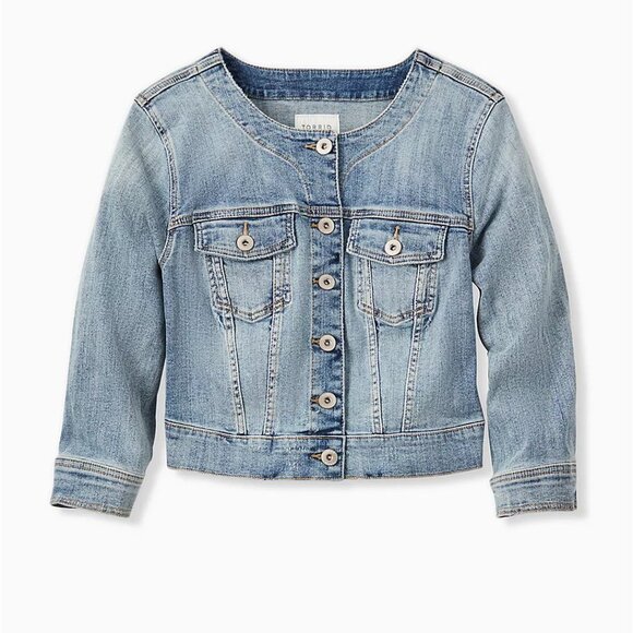 🆕 3X CROP COLLARLESS DENIM JACKET - LIGHT WASH - Picture 1 of 6